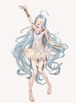  :d ahoge armpits bare_shoulders barefoot blue_hair blush closed_eyes commentary_request dress facing_viewer full_body granblue_fantasy highres legs_apart long_hair lyria_(granblue_fantasy) nanase_miri open_mouth see-through simple_background sleeveless sleeveless_dress smile solo standing very_long_hair white_dress 