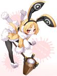  animal_ears animal_hood animal_slippers black_legwear blonde_hair bow bowtie bunny_earmuffs bunny_ears bunny_hood bunny_slippers bunny_tail character_name disgaea eyebrows_visible_through_hair full_body fur-trimmed_jacket fur-trimmed_sleeves fur_trim highres hood hood_down jacket karukan_(monjya) kine leotard looking_at_viewer makai_senki_disgaea_5 pantyhose pom_pom_(clothes) red_eyes scarf shoes short_eyebrows short_hair solo tail thick_eyebrows usalia_(disgaea) white_footwear white_leotard white_scarf yellow_jacket 