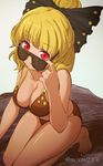  bare_arms bare_legs barefoot bikini black_bow blonde_hair bow brown_bikini eyebrows_visible_through_hair hair_bow highres kneeling kurodani_yamame leaning_forward legs_together looking_at_viewer mikami_yuuki_(nl8you) red_eyes shiny shiny_skin silver_background solo sunglasses swimsuit touhou twitter_username 