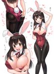  absurdres akagi_(kantai_collection) animal_ears areola_slip areolae ass black_hair black_legwear bow bowtie brown_eyes bunny_ears bunny_tail bunnysuit cowboy_shot detached_collar fukuroumori highres kantai_collection leotard leotard_pull long_hair multiple_views pantyhose red_leotard red_ribbon ribbon simple_background standing strapless strapless_leotard tail translation_request vest wardrobe_malfunction white_background 