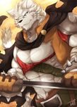  2017 abs anthro biceps clothed clothing feline fur grimoire_of_zero male mammal melee_weapon mercenary_(character) muscular muscular_male sword tach8 tiger weapon white_fur 