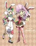  ;d adjusting_clothes adjusting_hat animal_ears argyle argyle_background boots bow bunny_ears bunny_tail disney earrings easter easter_wonderland end_bunny_(disney) flower frills full_body hat hat_bow jewelry leotard looking_at_viewer multicolored_footwear multicolored_shirt multiple_girls oekaki one_eye_closed open_mouth overalls pink_footwear pink_leotard polka_dot puffy_sleeves red_bow roller_skates rose sepia_background short_hair skates smile standing tail thigh_boots thighhighs white_hair yamipika yellow_flower yellow_rose 