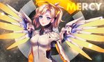  armor artist_name blonde_hair blue_eyes blush bodysuit breastplate breasts character_name closed_mouth emblem eyelashes headgear high_collar highres lips logo long_hair long_sleeves looking_at_viewer mechanical_halo mechanical_wings medium_breasts mercy_(overwatch) nose overwatch pink_lips ponytail sasucchi95 skin_tight smile solo spread_wings turtleneck upper_body wing_print wings yellow_wings 
