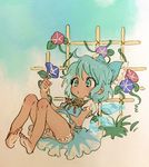  ahoge aqua_eyes aqua_hair bare_legs barefoot bloomers blue_bow blue_dress blue_eyes blue_flower blue_hair blue_sky bow cirno commentary dress flower frilled_sleeves frills full_body hair_bow hidden_star_in_four_seasons knees_up lying morning_glory oimo_(14sainobba) pigeon-toed puffy_short_sleeves puffy_sleeves red_flower short_sleeves sky soles solo sunflower tan tanline tanned_cirno touhou trellis underwear white_bloomers 