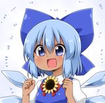  :d blue_bow blue_dress blue_eyes blue_hair blush bow cirno clenched_hands collared_shirt commentary dark_skin detached_wings dress emphasis_lines eyes_visible_through_hair fang flower grey_background hair_between_eyes hair_bow hidden_star_in_four_seasons ice ice_wings large_bow open_mouth pinafore_dress puffy_short_sleeves puffy_sleeves red_ribbon reflective_eyes ribbon shiny shiny_hair shirt short_hair short_sleeves simple_background smile solo sunflower suwa_yasai tan tanned_cirno tareme touhou upper_body v-shaped_eyebrows white_shirt wing_collar wings 
