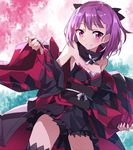  bare_shoulders black_panties blush bow commentary_request fate/grand_order fate_(series) hair_bow helena_blavatsky_(fate/grand_order) looking_at_viewer panties pantyshot purple_eyes purple_hair short_hair smile solo thighhighs tsuedzu underwear 