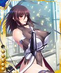  1girl aoi_nagisa_(artist) bare_shoulders breasts brown_hair card_(medium) covered_navel curvy erect_nipples female hair_ribbon huge_breasts leotard lilith-soft looking_at_viewer maroon_hair mizuki_shiranui no_bra parted_lips red_eyes shiny_skin smile solo standing taimanin_asagi taimanin_asagi_battle_arena taimanin_asagi_battle_arena_all_card_gallery taimanin_yukikaze thighhighs thong_leotard 