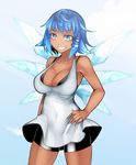  alternate_breast_size alternate_costume aoshima armpits bangs bare_arms bare_shoulders bike_shorts blue_eyes blue_hair breasts chemise cirno cleavage collarbone commentary cowboy_shot dark_skin dress grin hair_ornament halterneck hand_on_hip hidden_star_in_four_seasons ice ice_wings large_breasts looking_at_viewer older short_dress shorts_under_dress smile solo tanned_cirno touhou white_dress wings 