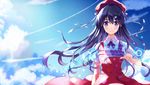 bangs black_hair blue_eyes blush closed_mouth cloud day dress hair_ornament hat hat_ribbon highres long_hair looking_at_viewer miu_(pixiv4149478) neck_ribbon original red_dress red_ribbon ribbon short_sleeves sky smile solo sunlight upper_body 