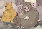  blush canine dr.kamiya fangs fluffy garouzuki hot_spring japanese_text male mammal nipples nude overweight saliva sweat tears text translated water 