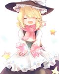  :d ^_^ apron blonde_hair blush closed_eyes facing_viewer gloves hat hidden_star_in_four_seasons kirisame_marisa kosencha long_skirt long_sleeves open_mouth pink_gloves pink_mittens scarf skirt skirt_set smile solo star touhou v-shaped_eyebrows vest waist_apron witch_hat 