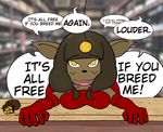  anthro bent_over breasts breed brown_hair cat coin dialogue ecaflip english_text fangs feline female hair hypnosis mammal mind_control miranda_(wakfu) money open_mouth speech_bubble text unknown_artist unseen_character wakfu 