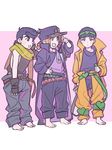  2boys barefoot blonde_hair braid chain child cosplay dio_brando dio_brando_(cosplay) fingerless_gloves gakuran giorno_giovanna gloves green_scarf hand_on_hip haruno_shiobana hat headband heart higashikata_jousuke jojo_no_kimyou_na_bouken joseph_joestar_(young) joseph_joestar_(young)_(cosplay) kuujou_jolyne kuujou_joutarou kuujou_joutarou_(cosplay) male_focus multiple_boys open_mouth oversized_clothes pants pants_rolled_up pompadour purple_eyes purple_hair reammara scarf school_uniform single_braid smile striped striped_scarf tank_top younger 