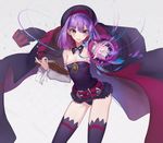 :d bare_shoulders belt beret blush book breasts cleavage detached_sleeves fate/grand_order fate_(series) hat helena_blavatsky_(fate/grand_order) jacket looking_at_viewer magic mins_(minevi) open_mouth purple_eyes purple_hair purple_legwear small_breasts smile solo thighhighs 