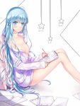  absurdres ahoge blue_eyes blue_hair blush breasts cleavage closed_mouth collarbone drawing from_side highres knees_up long_hair long_sleeves looking_to_the_side medium_breasts miu_(pixiv4149478) naked_shirt original pencil shirt sitting smile solo very_long_hair white_shirt 
