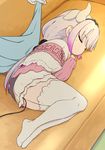  bangs beads blanket blunt_bangs blush_stickers capelet closed_eyes couch dragon_girl dragon_horns dragon_tail dress full_body gloves gradient_hair hair_beads hair_ornament hairband horns kanna_kamui kobayashi-san_chi_no_maidragon lavender_hair legs_folded long_sleeves low_twintails lying multicolored_hair multiple_girls on_couch on_side ribbon sleeping sohin tail thighhighs thighs tooru_(maidragon) twintails two-tone_hair white_gloves 