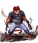  2017 anthro armor clothed clothing faraden feline looking_at_viewer mammal montreal ratte simple_background solo tiger tigon traditional_media_(artwork) weapon 