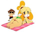  animal_crossing anthro beady_eyes big_butt bikini blush butt canine clothing cute digital_media_(artwork) dog duo eyewear female hairband isabelle_(animal_crossing) lying male mammal nintendo on_front open_mouth pawpads paws shih_tzu short_stack simple_background slightly_chubby sssonic2 sunglasses swimsuit thick_thighs video_games villager_(animal_crossing) wide_hips 