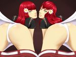  2girls android artist_request ass belt bent_over black_background devola flower green_eyes hair_flower long_hair looking_at_viewer looking_back messy_hair multiple_girls nier_(series) nier_automata panties pants pants_down parted_lips popola red_hair shiny shiny_hair shiny_skin simple_background sisters twins 