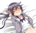  akebono_(kantai_collection) bell blush breasts cardigan clenched_hands closed_eyes commentary flower hair_bell hair_flower hair_ornament jingle_bell kantai_collection long_hair long_sleeves navel nose_blush on_bed pillow purple_hair sailor_collar sailor_shirt shino_(ponjiyuusu) shirt side_ponytail small_breasts solo stomach sweat trembling upper_body 