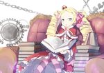 :o beatrice_(re:zero) blonde_hair blue_eyes blush book book_stack bow bug butterfly capelet chain couch crown dress drill_hair frills fur_trim gears hair_bow hair_ribbon insect lace-trimmed_sleeves long_hair long_sleeves looking_at_viewer mini_crown mitu_yang open_book pantyhose pink_bow re:zero_kara_hajimeru_isekai_seikatsu red_dress revision ribbon sitting solo striped striped_legwear symbol-shaped_pupils transparent twin_drills twintails white_background wide_sleeves 