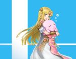  absurdres athenawyrm blonde_hair blue_eyes cape dress earrings gloves gown highres hug jewelry kirby kirby_(series) long_hair nintendo open_mouth pointy_ears princess_zelda sleeping smile super_smash_bros. super_smash_bros._ultimate the_legend_of_zelda the_legend_of_zelda:_a_link_between_worlds tiara triforce 