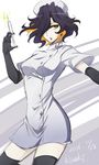  artist_name black_gloves black_hair black_lipstick dated elbow_gloves eyeshadow gloves hair_over_one_eye hat highres kiraki leiur_darahim lipstick makeup multicolored_hair nurse nurse_cap orange_hair parted_lips senki_zesshou_symphogear solo syringe two-tone_hair 