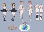  2girls bare_shoulders blonde_hair breasts character_sheet cleavage closed_mouth collarbone dead_or_alive double_bun full_body honoka_(doa) junkpuyo large_breasts long_hair marie_rose multiple_girls pantyhose pink_hair short_hair simple_background small_breasts smile tiara 