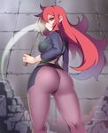  ass bodysuit breasts commentary_request covered_nipples frown hair_over_one_eye hips kippuru kneepits little_witch_academia long_hair looking_at_viewer looking_back medium_breasts red_eyes red_hair shiny_chariot sideboob skin_tight skindentation solo spoilers staff stone_wall thighs ursula_charistes wall wand wide_hips 