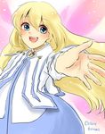  1girl blonde_hair blue_eyes blush capelet character_name collet_brunel dress jewelry long_hair open_mouth tales_of_(series) tales_of_symphonia wings 
