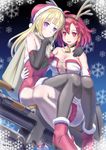  absurdres ahoge antlers bag bell blonde_hair breasts cleavage elbow_gloves gloves hair_ribbon highres izetta large_breasts long_hair medium_breasts multiple_girls ortfine_fredericka_von_eylstadt pantyhose purple_eyes red_eyes red_hair reindeer_antlers ribbon santa_costume short_hair shuumatsu_no_izetta sitting sitting_on_lap sitting_on_person snowflakes thighhighs yamikota 