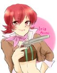  1girl blush character_name gun iria_animi jacket looking_at_viewer midriff navel red_eyes red_hair scarf short_hair smile solo tales_of_(series) tales_of_innocence weapon 