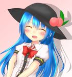  :d ^_^ blue_hair blush bow bowtie breasts closed_eyes collared_shirt commentary_request facing_viewer food food_on_head fruit fruit_on_head hat hinanawi_tenshi long_hair object_on_head open_mouth peach puffy_sleeves shirt small_breasts smile solo touhou usugoori_ito v_arms 