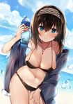  beach bikini black_bikini blue_eyes blue_sky blush bottle breasts brown_hair cleavage cloud cloudy_sky curvy day dutch_angle hair_between_eyes hairband hand_on_own_thigh hanging_breasts horizon idolmaster idolmaster_cinderella_girls jewelry large_breasts leaning_forward looking_at_viewer navel necklace outdoors pendant plump sabet_(young_ouo) sagisawa_fumika shawl sky smile solo swimsuit water_bottle wet 
