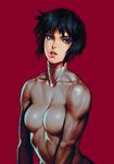  as109 black_hair blue_eyes bodysuit breasts cyberpunk ghost_in_the_shell highres kusanagi_motoko looking_at_viewer medium_breasts parted_lips realistic red_background science_fiction short_hair simple_background solo toned 