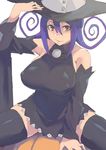  1girl bangs bare_shoulders black_dress black_legwear blair breasts detached_sleeves dress erect_nipples hair_between_eyes halterneck hand_on_hat hat large_breasts looking_at_viewer minakami_(flyingman555) orange_eyes pumpkin purple_hair short_dress smile solo soul_eater thighhighs white_background witch_hat zettai_ryouiki 