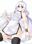  ahoge ass_visible_through_thighs black_legwear breasts brown_eyes covered_navel cu-no dress dutch_angle from_below hair_between_eyes hisenkaede large_breasts looking_at_viewer low_twintails rapua_qive short_dress side_slit silver_hair solo thighhighs twintails white_dress wristband 
