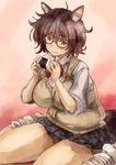  alternate_costume animal_ears breasts brown_eyes brown_hair eating food futatsuiwa_mamizou glasses large_breasts loose_socks onigiri plump raccoon_ears raccoon_tail school_uniform skirt socks sweater_vest tail thick_eyebrows thick_thighs thighs touhou yohane 