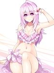  arm_support armpits bare_arms bare_legs bare_shoulders bikini breasts cleavage cu-no floral_print flower hair_between_eyes hair_flower hair_ornament hisenkaede large_breasts lavender_eyes lavender_hair looking_at_viewer midriff navel sarong solo swimsuit thighs yayoi_sakura 