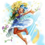  artist_name barefoot blue_bow blue_dress blue_eyes blue_hair bow cirno commentary_request dated dress feet flower full_body hidden_star_in_four_seasons holding holding_flower ice ice_wings leaf mame_usagi open_mouth plant short_eyebrows smile solo sunflower tan tanned_cirno thick_eyebrows throwing touhou vines wings 