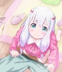  1girl aqua_eyes barefoot blue_hair blush bow closed_mouth commentary_request eromanga_sensei from_above hair_bow izumi_masamune izumi_sagiri kneeling long_hair looking_at_viewer pajamas pink_bow tears tsukiman wavy_mouth 