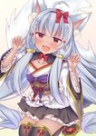  :3 ahoge animal_ears blush bow braid dark_skin dog_ears dog_tail eyebrows_visible_through_hair fang hair_bow hairband ko_yu long_hair long_sleeves looking_at_viewer open_mouth original paw_pose red_bow red_eyes red_hairband silver_hair smile solo tail twin_braids 