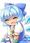  :d ^_^ blue_hair blush bow cirno closed_eyes facing_viewer fang flower fun_bo hair_bow hidden_star_in_four_seasons highres ice ice_wings open_mouth short_hair smile solo sunflower tan tanned_cirno touhou wings 
