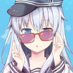  black_hat blue_background blue_eyes commentary_request flat_cap hat hibiki_(kantai_collection) kantai_collection long_hair long_sleeves open_mouth red-framed_eyewear rioshi sailor_collar school_uniform serafuku silver_hair solo star starry_background sunglasses 