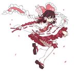  ass azuki_mary blush bow brown_hair cherry_blossoms commentary detached_sleeves embellished_costume flower frilled_ribbon frills hair_bow hair_tubes hakurei_reimu large_bow looking_at_viewer magical_girl petals red_eyes ribbon sandals skirt solo thighhighs too_many too_many_frills touhou 