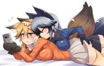  3: animal_ears ass_grab bangs black_bow black_gloves black_legwear black_neckwear black_skirt blazer blonde_hair blue_jacket blush bow bowtie breasts brown_gloves closed_mouth commentary deep_skin embarrassed english_commentary eyebrows_visible_through_hair ezo_red_fox_(kemono_friends) flying_sweatdrops fox_ears fox_tail fur-trimmed_gloves fur_trim game_boy gloves grabbing grabbing_another's_ass grabbing_from_behind groping hair_between_eyes handheld_game_console hinghoi holding_handheld_game_console jacket kemono_friends large_breasts long_hair lying multiple_girls nintendo nintendo_ds on_bed on_stomach orange_jacket playing_games pleated_skirt shiny shiny_clothes silver_fox_(kemono_friends) silver_hair simple_background skirt tail white_background white_bow white_neckwear white_skirt yellow_legwear yuri 