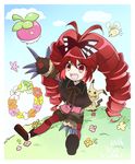  :d antenna_hair artist_name blush_stickers bounsweet bow claws cloud comfey cutiefly dated doll_joints drill_hair flower gen_1_pokemon grass hair_bow highres kiraki long_hair micha_jawkan mimikyu open_mouth pokemon pokemon_(creature) senki_zesshou_symphogear sharp_teeth shorts sitting smile teeth twin_drills wreath 