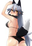  :o animal_ears ass back bikini bikini_pull black_bikini black_neckwear breasts extra_ears fingers_together fox_ears fox_tail from_behind gradient_hair grey_hair interlocked_fingers kemono_friends long_hair looking_at_viewer looking_back medium_breasts multicolored_hair scarf shiratori_serano silver_fox_(kemono_friends) silver_hair simple_background solo swimsuit tail very_long_hair white_background yellow_eyes 