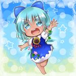  :d barefoot blue_eyes blue_hair blush bow chibi cirno commentary dress flower hair_bow hidden_star_in_four_seasons open_mouth outstretched_arms plant polka_dot polka_dot_background sacchan_happy short_hair smile solo star sunflower tan tanned_cirno touhou v-shaped_eyebrows vines waving 