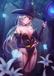  bad_id bad_pixiv_id bencao_gangmu_(19) blue_legwear breasts bridal_gauntlets cleavage flower forest garter_belt hat highres holding holding_staff large_breasts leotard long_hair looking_at_viewer monocle nature night orange_eyes original silver_hair smile solo staff witch witch_hat 
